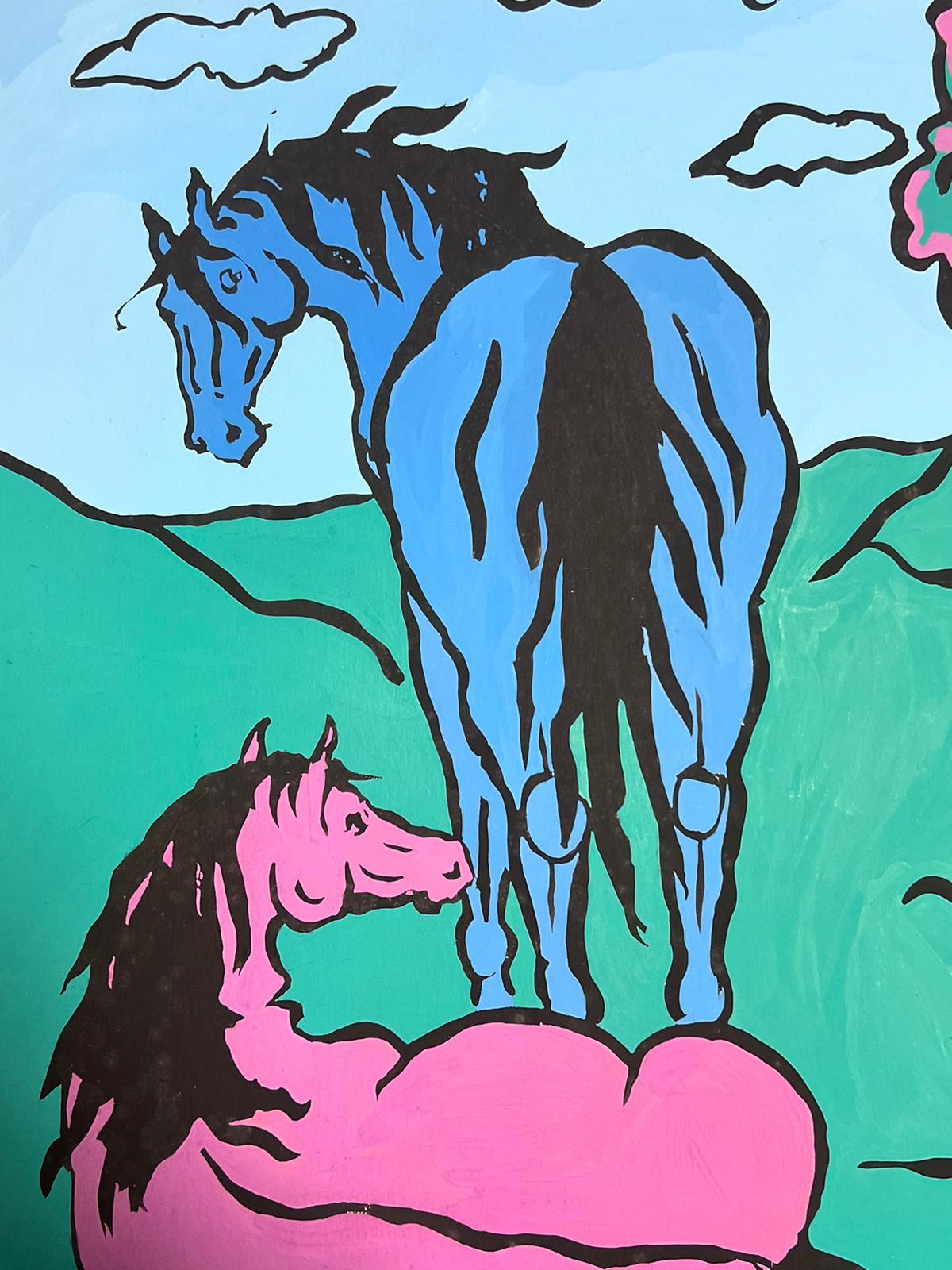Peinture originale abstraite contemporaine britannique Cheval rose et bleu