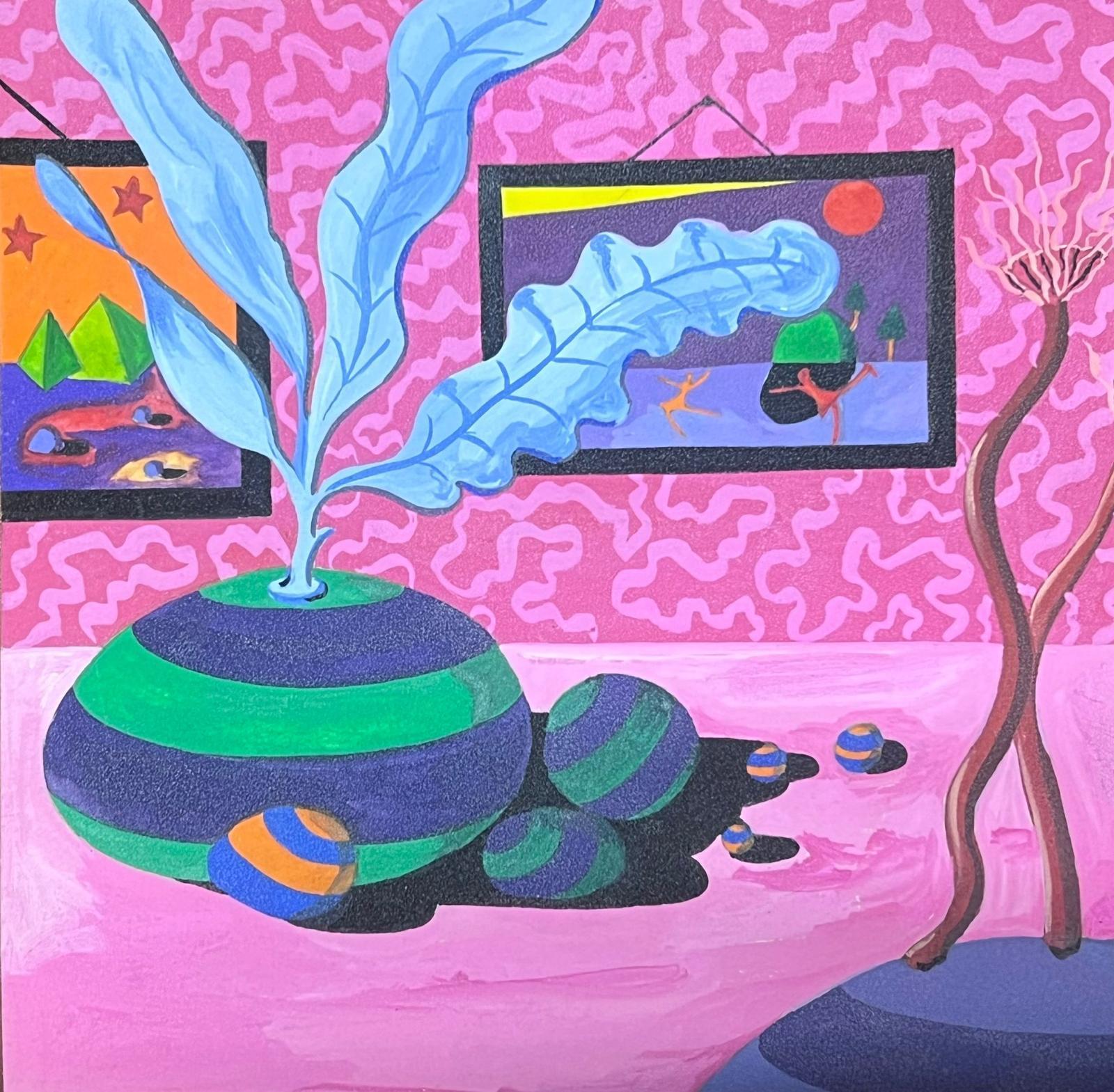 Sally Vaughan Abstract Painting – Zeitgenössische britische abstrakte Originalgemälde rosa Innenraum farbenfroh