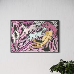 Pittura astratta britannica contemporanea originale Cavalli al galoppo in viola