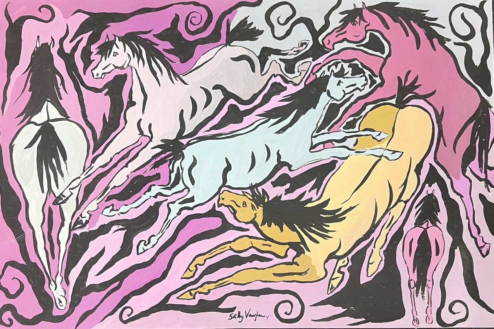 Abstract Painting Sally Vaughan - Peinture originale abstraite contemporaine britannique, chevaux galopants violets