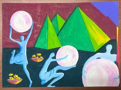 Contemporary British Abstract Original Painting Surrealist Figures Pyramids