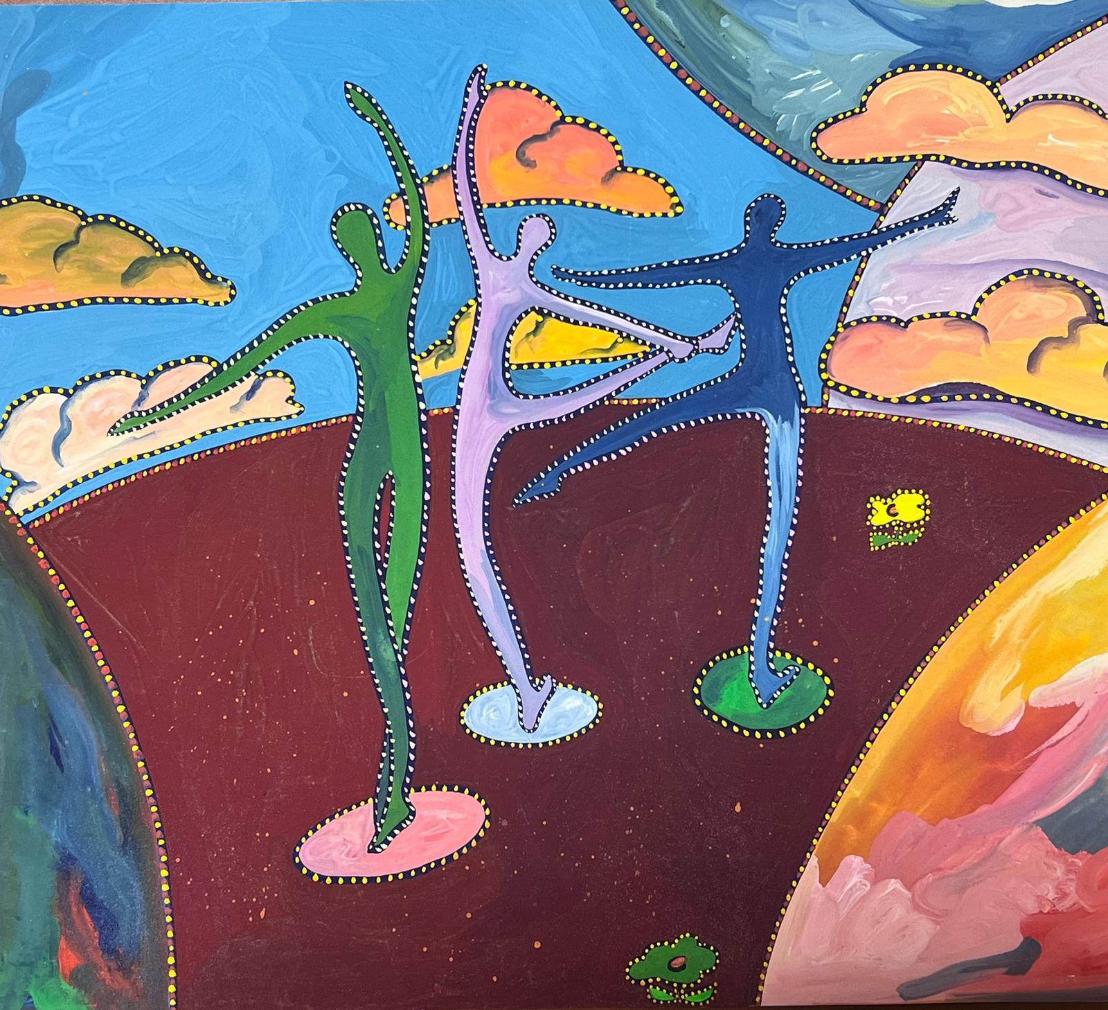 Abstract Painting di Sally Vaughan - Pittura astratta britannica contemporanea originale Tre figure danzanti Surrealista