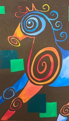 Peinture originale abstraite contemporaine britannique Cheval de mer farfelu