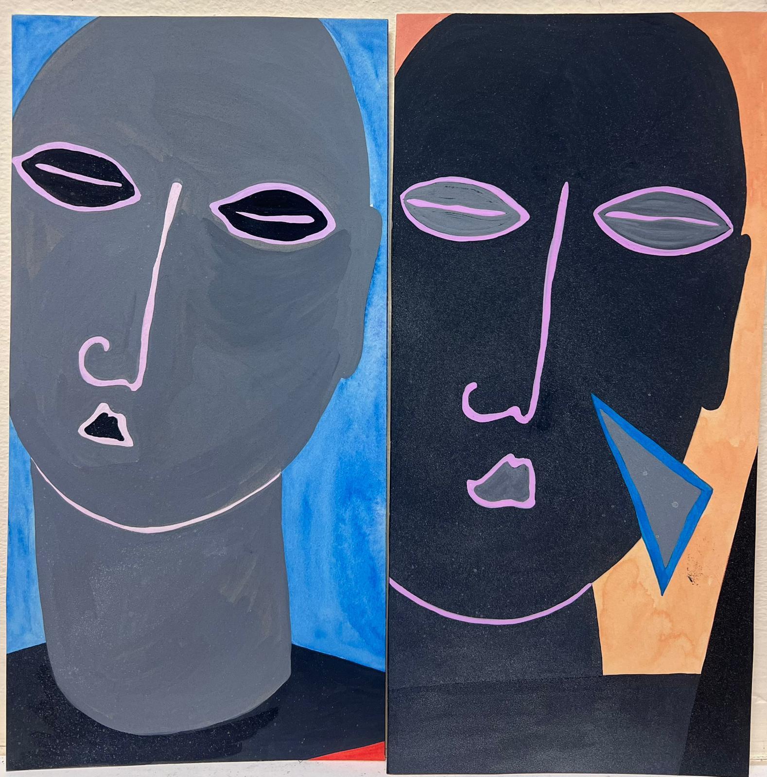Abstract Composition Portraits
by Sally Vaughan (contemporary)
set of two (2) x gouache paintings on card, unframed
measurements: 10.5 x 5.25 and 10.5 x 5 inches
condition: very good
provenance: from a large private collection of this artists work
