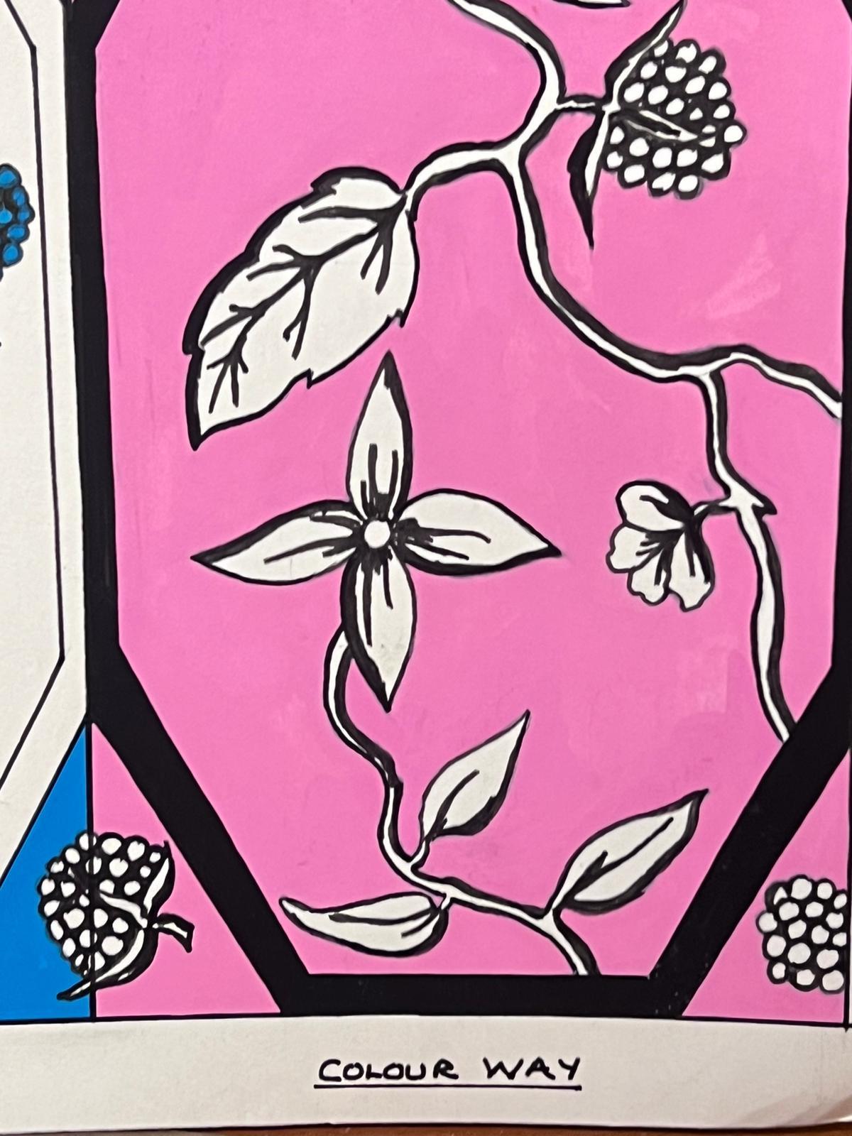 Zeitgenössisches britisches Originalgemälde Blaues, weißes und rosa Blumenmuster (Abstrakt), Painting, von Sally Vaughan