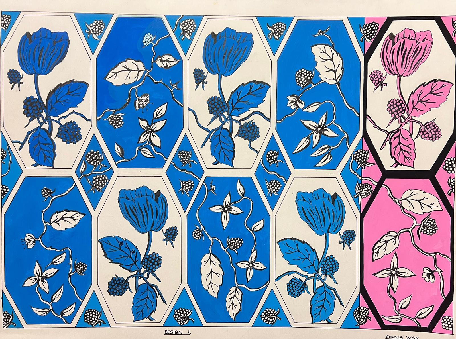 Sally Vaughan Still-Life Painting – Zeitgenössisches britisches Originalgemälde Blaues, weißes und rosa Blumenmuster