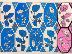Zeitgenössisches britisches Originalgemälde Blaues, weißes und rosa Blumenmuster
