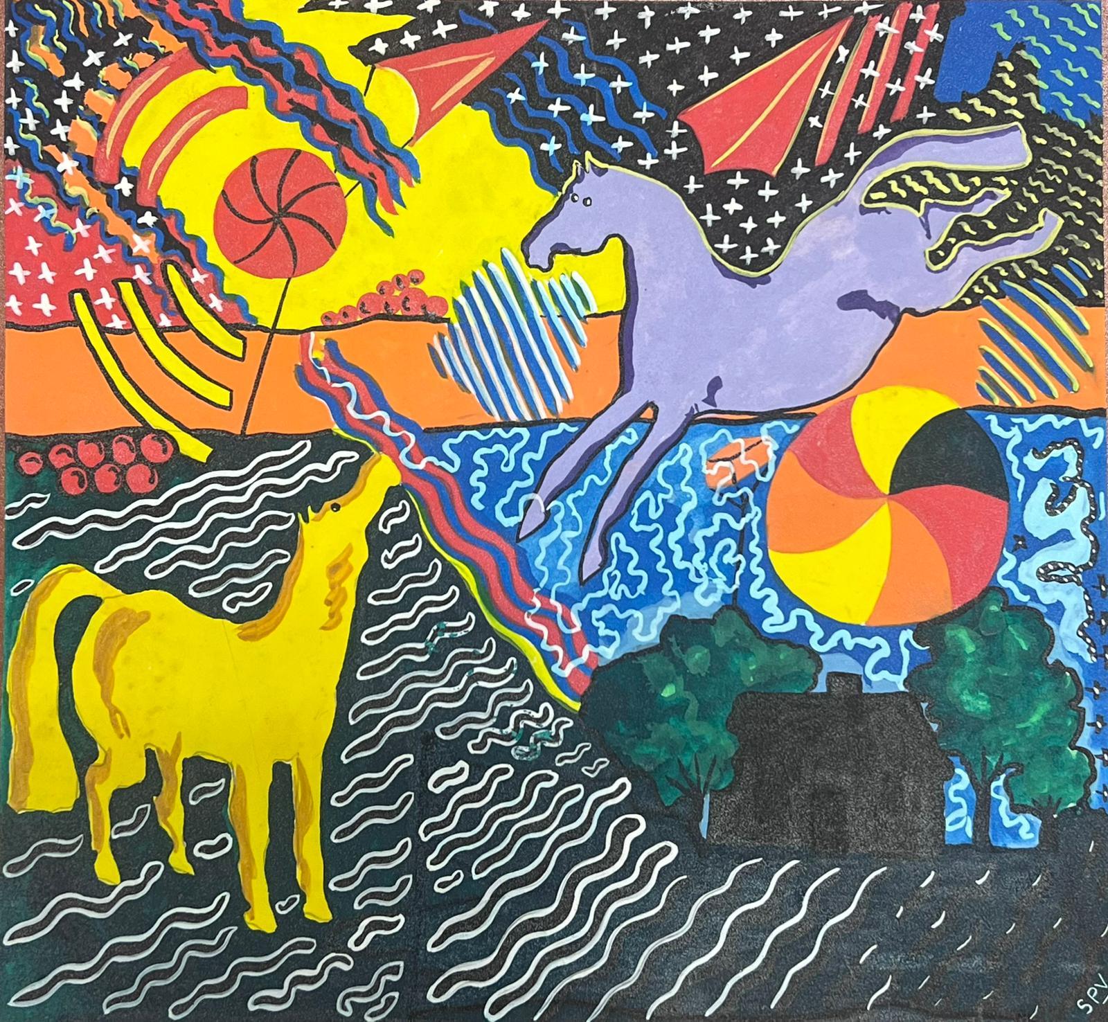 Sally Vaughan Animal Painting - Contemporary British Original Painting Quirky Horse Colourful Abstract