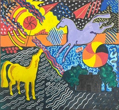 Peinture originale contemporaine britannique Cheval excentrique Abstrait coloré