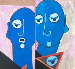 Two x Contemporary British Abstract Original Paintings Head Portrait Figures