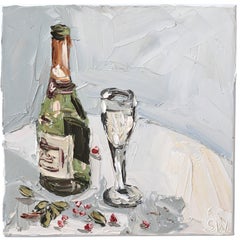 Champagne Bottle, Glass, and Berries - Textured Table Still Life Oil Painting