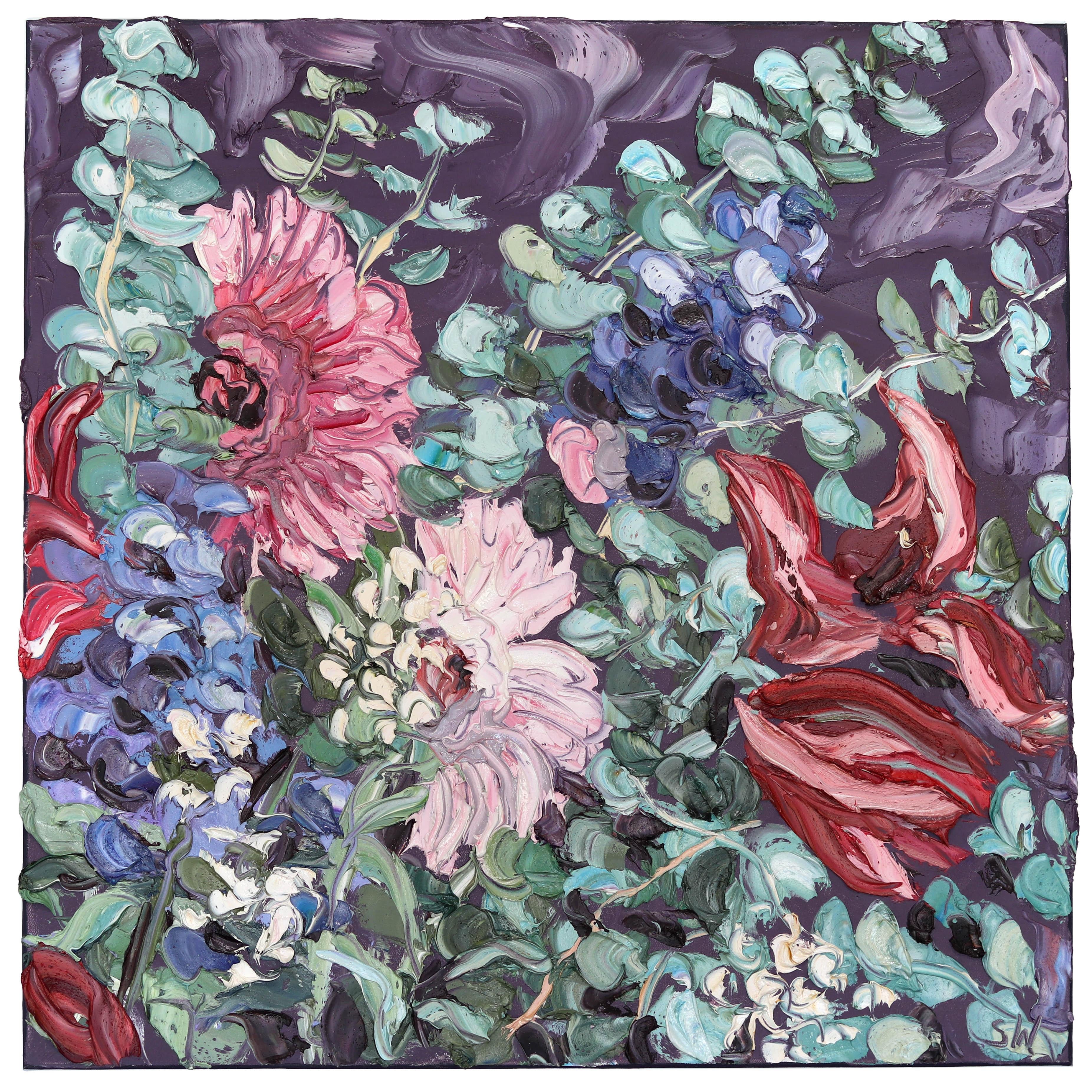 Sally West Abstract Painting - Flowers on Tuesday - Abstract Botanical Textured Still Life Thick Oil Painting