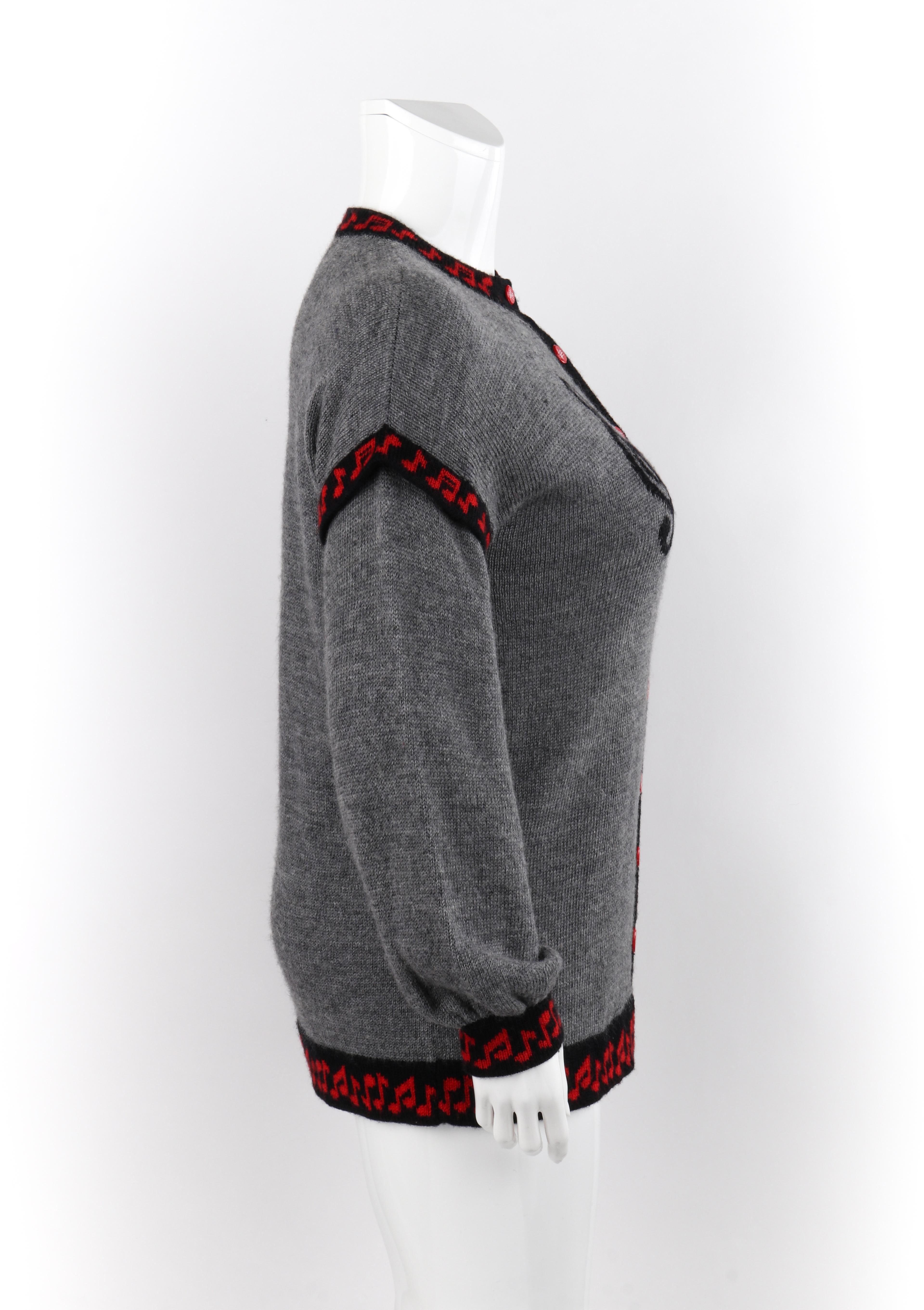 De las mujeres SALLY'S OWN c.1980's Gris Negro Punto Nota Musical Rojo Button Up Cardigan Sweater