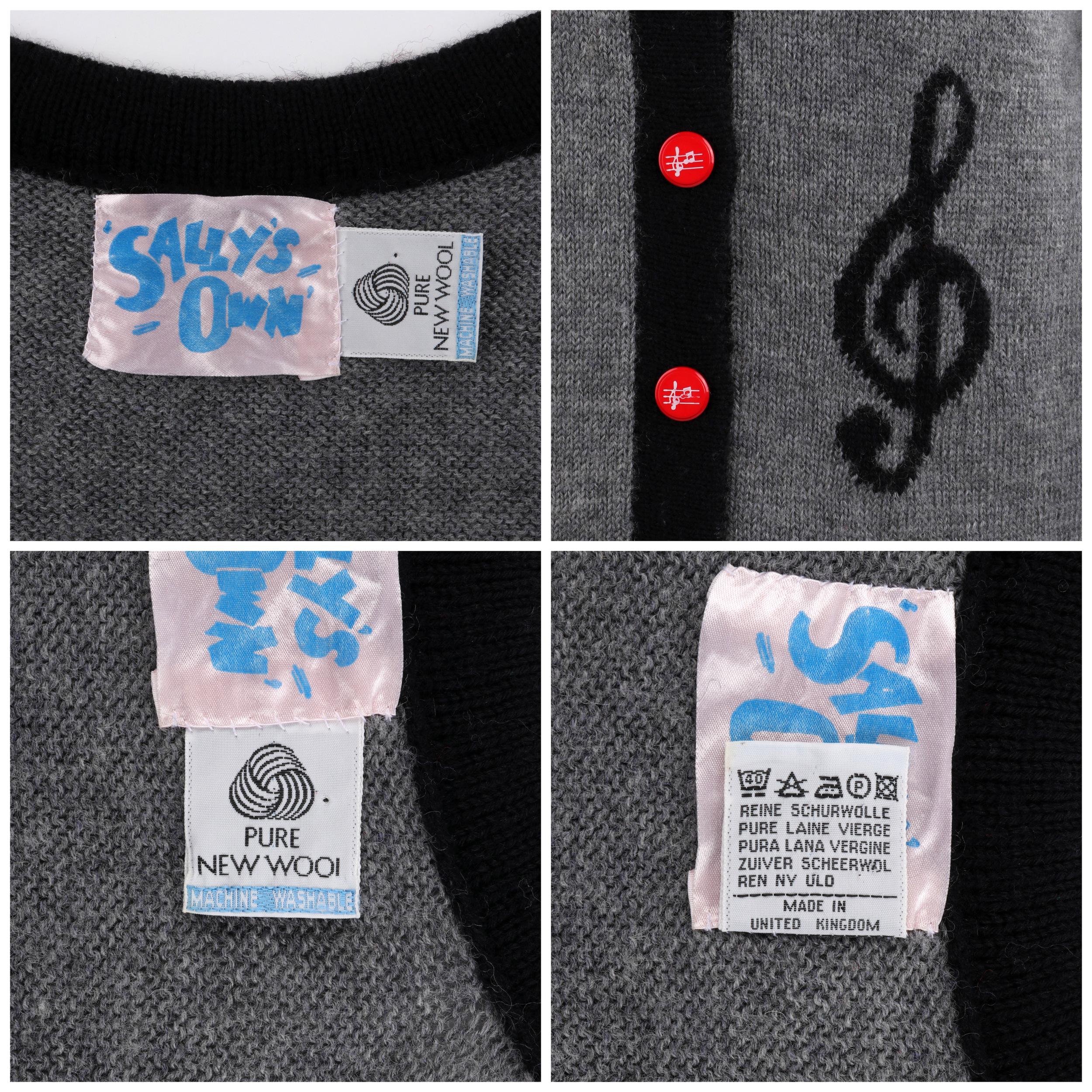 SALLY'S OWN c.1980's Gris Negro Punto Nota Musical Rojo Button Up Cardigan Sweater 3