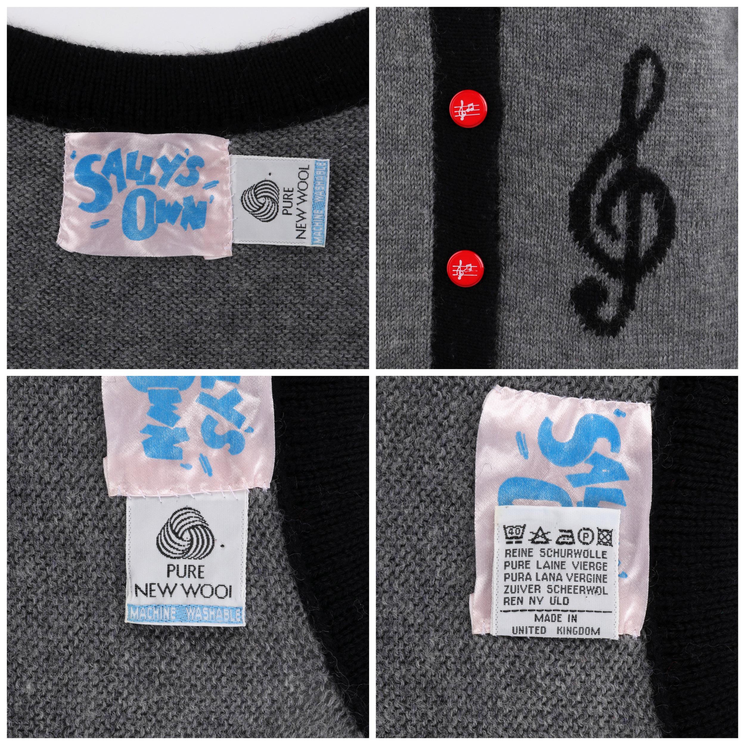 Women's SALLY’S OWN c.1980’s Gray Black Music Note Knit Red Button Up Cardigan Sweater