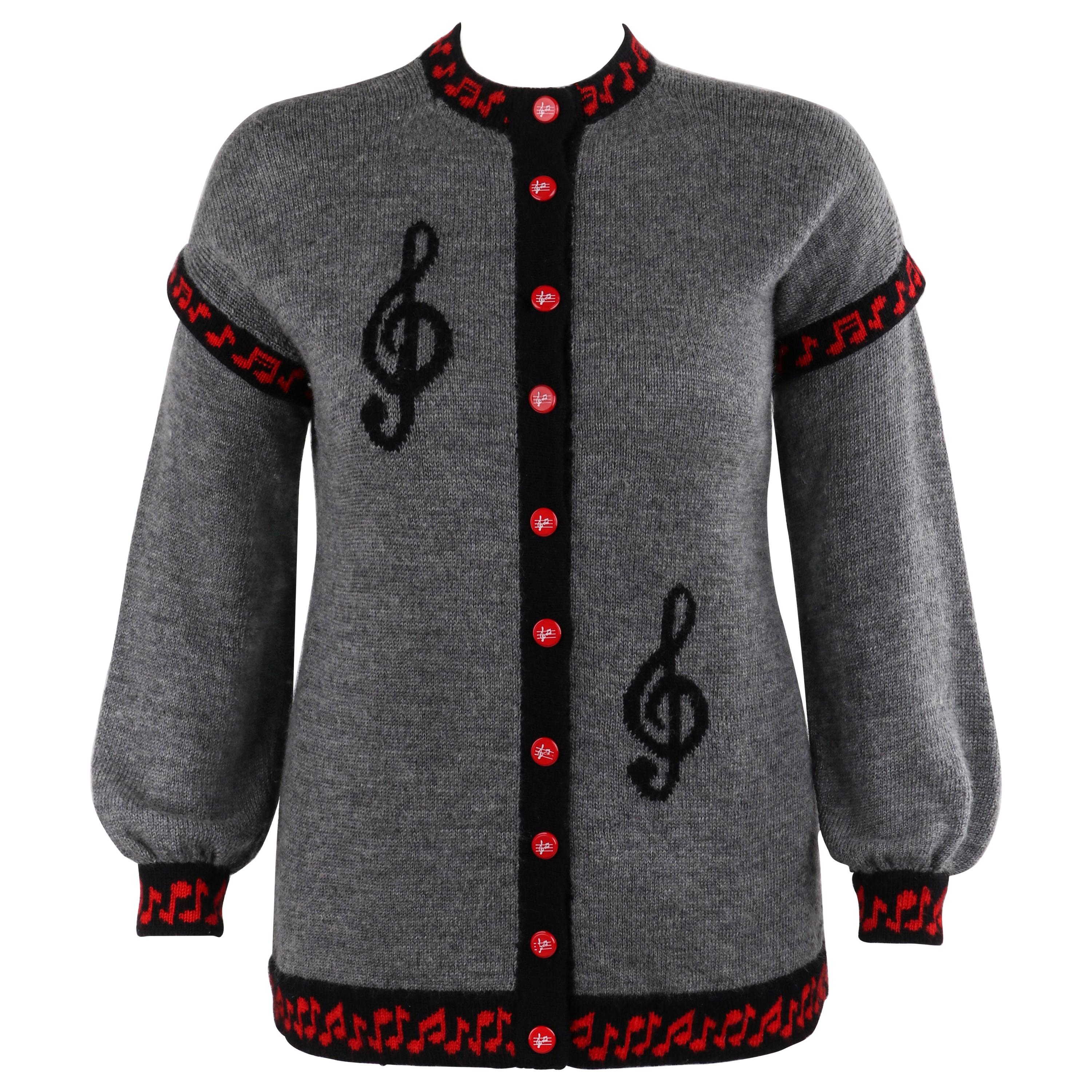 SALLY’S OWN c.1980’s Gray Black Music Note Knit Red Button Up Cardigan Sweater