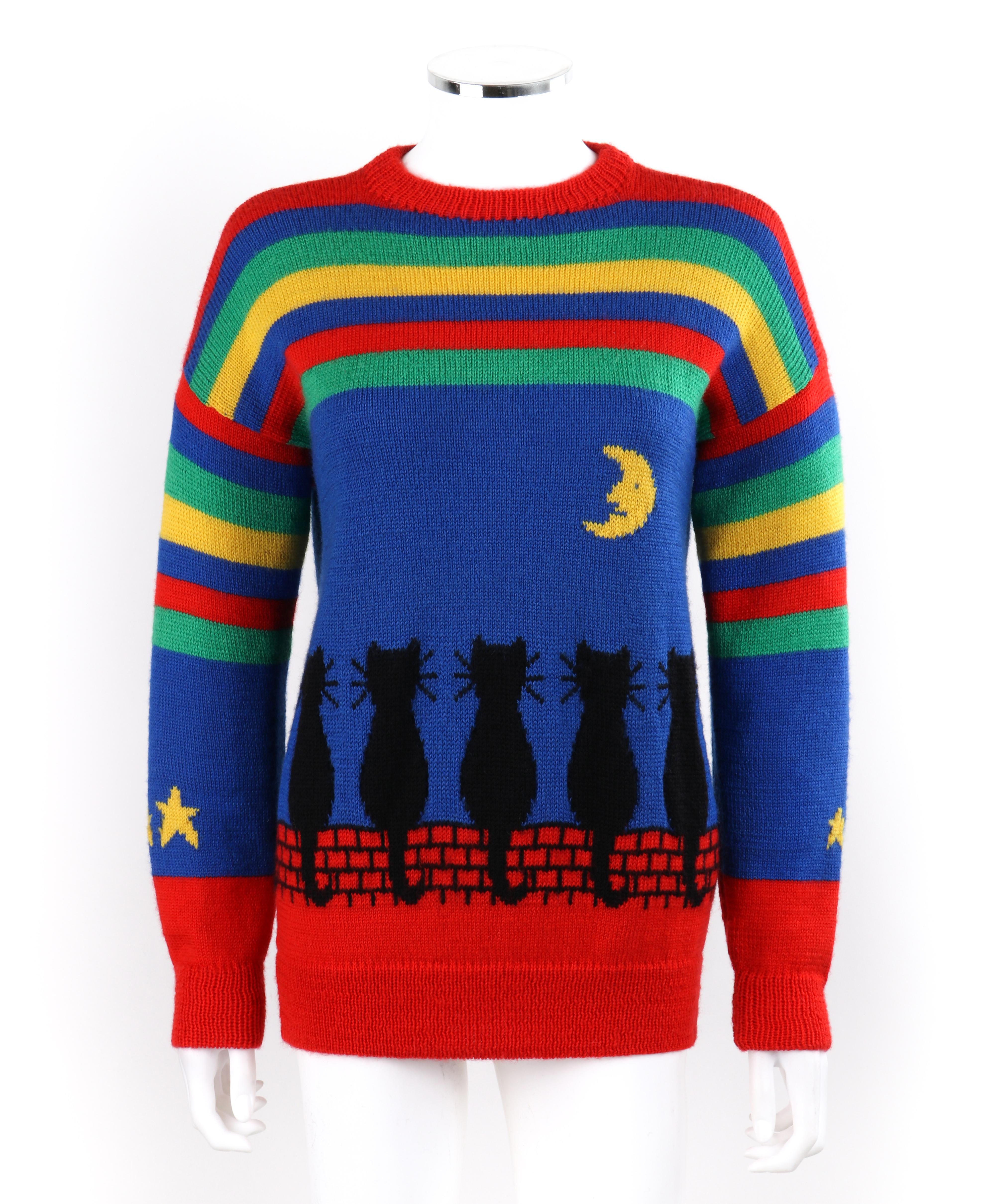 SALLY'S OWN c.1980’s Multicolor Striped Black Cat Knit Pullover Crewneck Sweater
 
Circa: 1980’s
Label(s): “Sally’s Own”; Woolmark tag
Style: Pullover sweater
Color(s): Shades of blue, red, yellow, green, and black
Lined: No
Marked Fabric Content:
