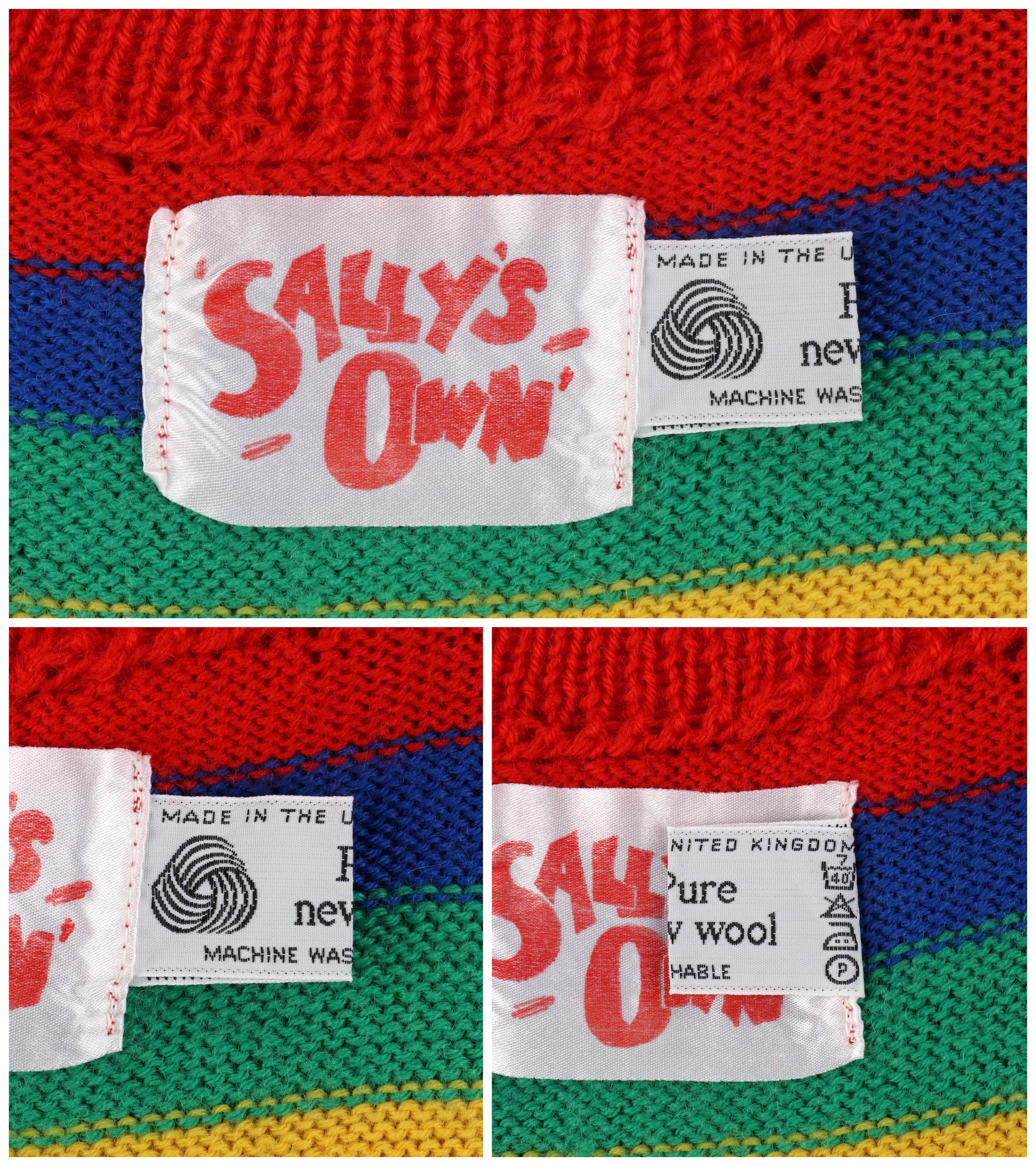 Women's SALLY'S OWN c.1980’s Multicolor Striped Black Cat Knit Pullover Crewneck Sweater