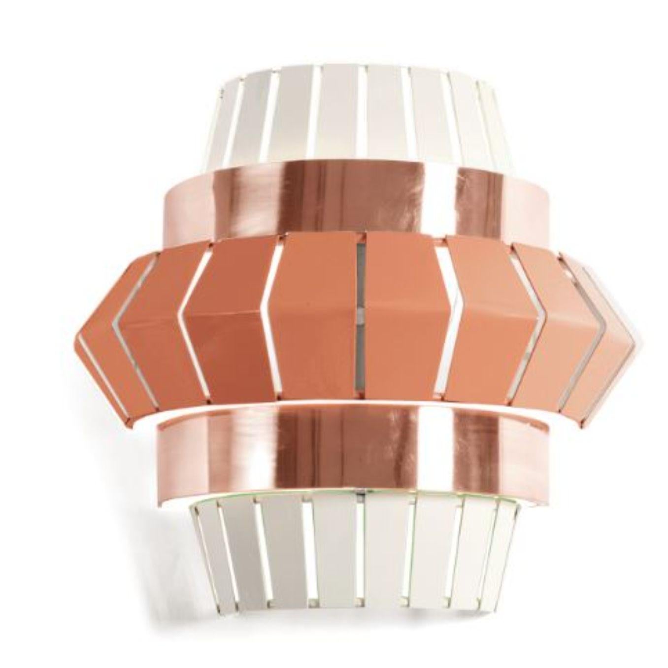 Salmon and Ivory comb wall lamp with copper ring by Dooq
Dimensions: W 37 x D 13 x H 34 cm
Materials: lacquered metal, polished copper.
Also available in different colors and materials.

Information:
230V/50Hz
E14/1x20W LED
120V/60Hz
E12/1x15W