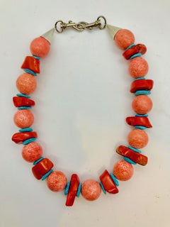 Salmon and Red Coral , and Arizona Turquoise spacers , Necklace by Sylvia Gottwald