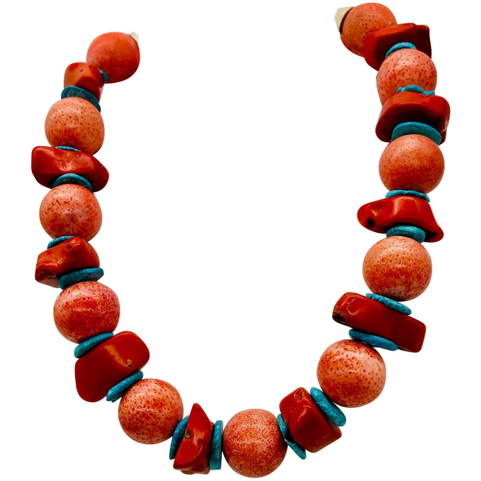 Salmon and Red Coral , and Arizona Turquoise spacers , Necklace by Sylvia Gottwald For Sale