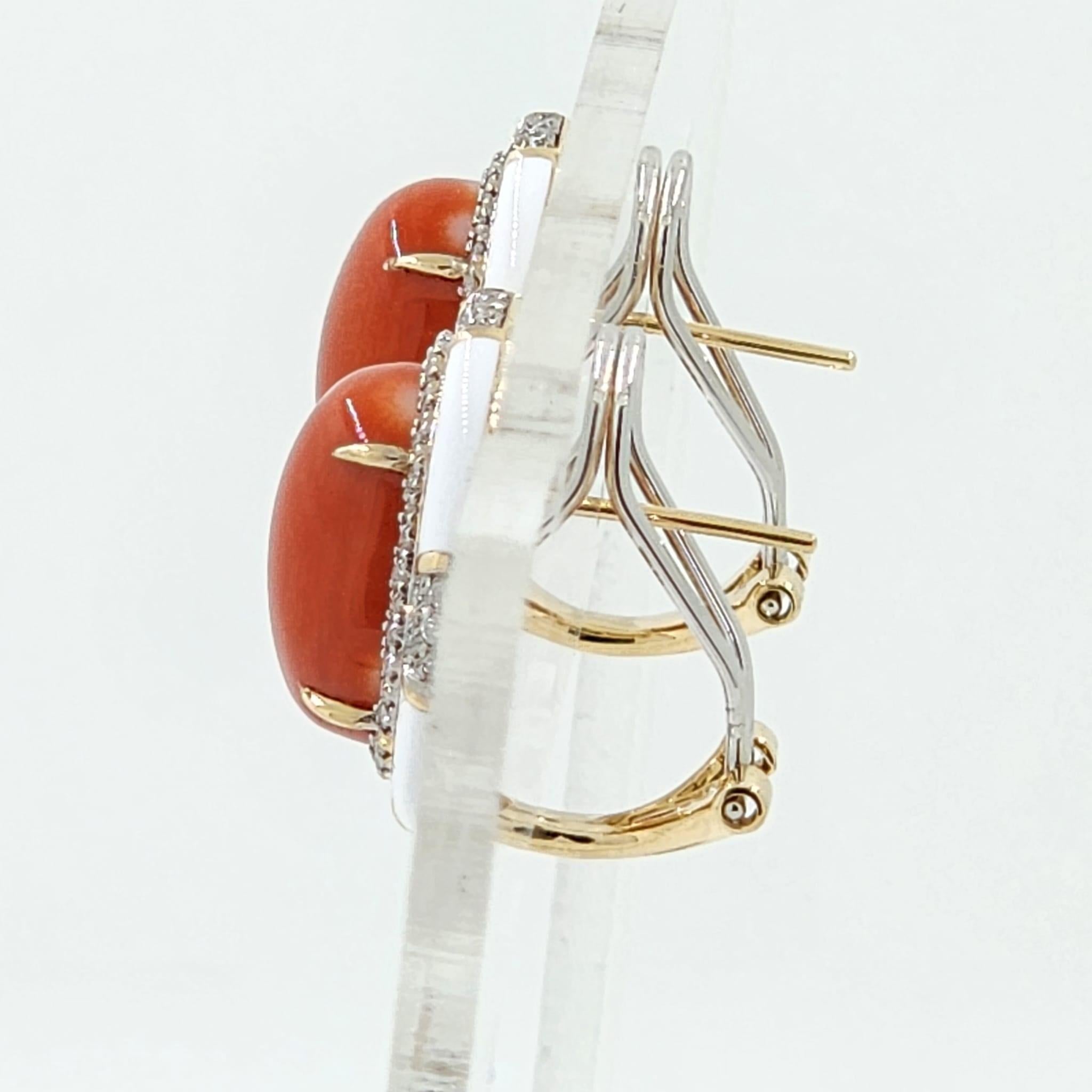 Contemporary Salmon Color Coral Diamond Enamel Earring in 14 Karat Yellow Gold For Sale