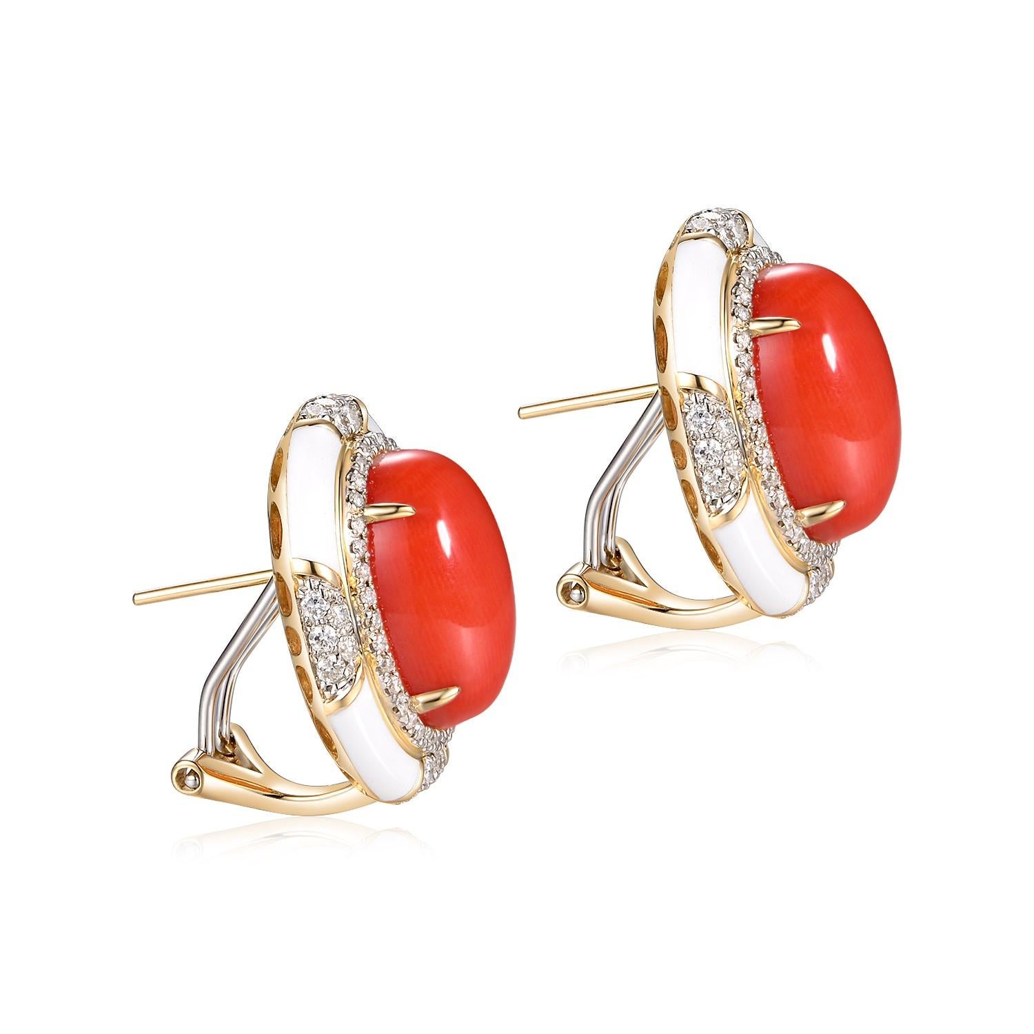The Salmon Color Coral Diamond Enamel Earrings, set in 14 Karat Yellow Gold, are an exquisite testament to timeless elegance and craftsmanship. The central focus of each earring is the luminescent coral stone, weighing an impressive 12.0 carats. The
