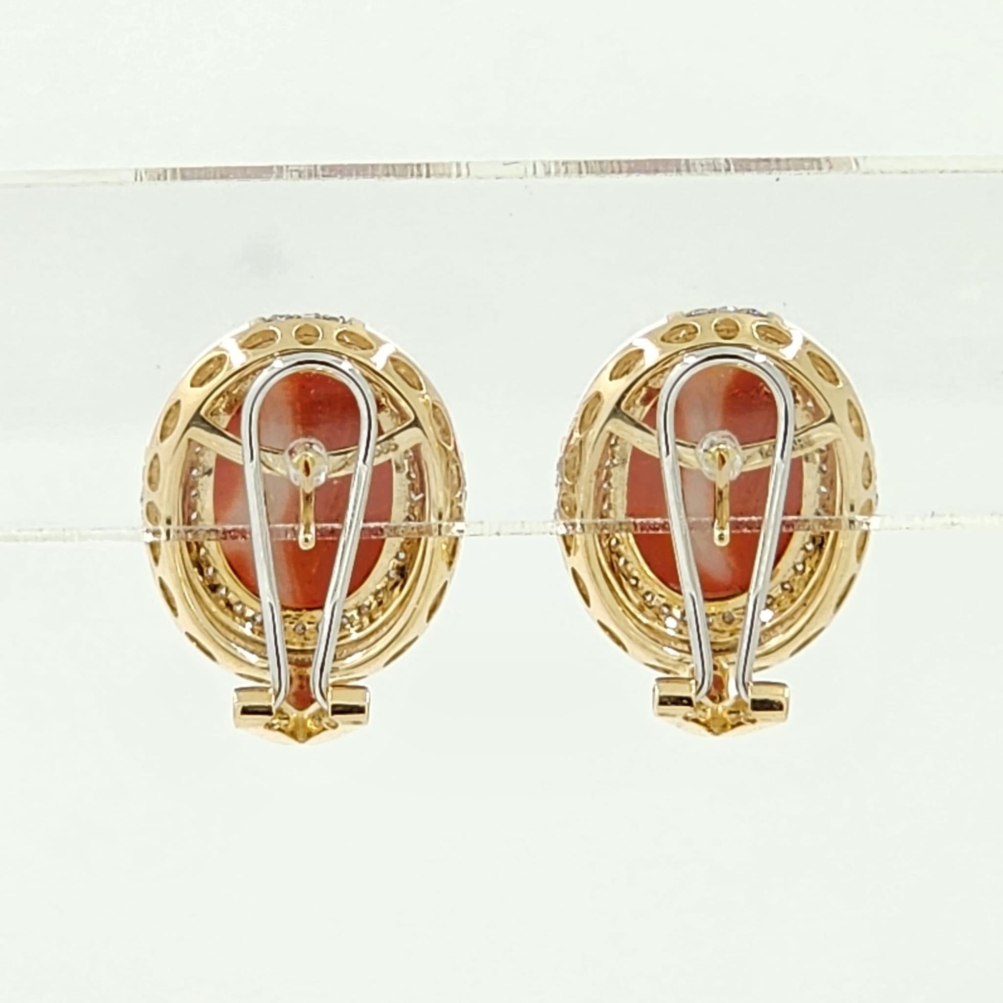 Cabochon Salmon Color Coral Diamond Enamel Earring in 14 Karat Yellow Gold For Sale
