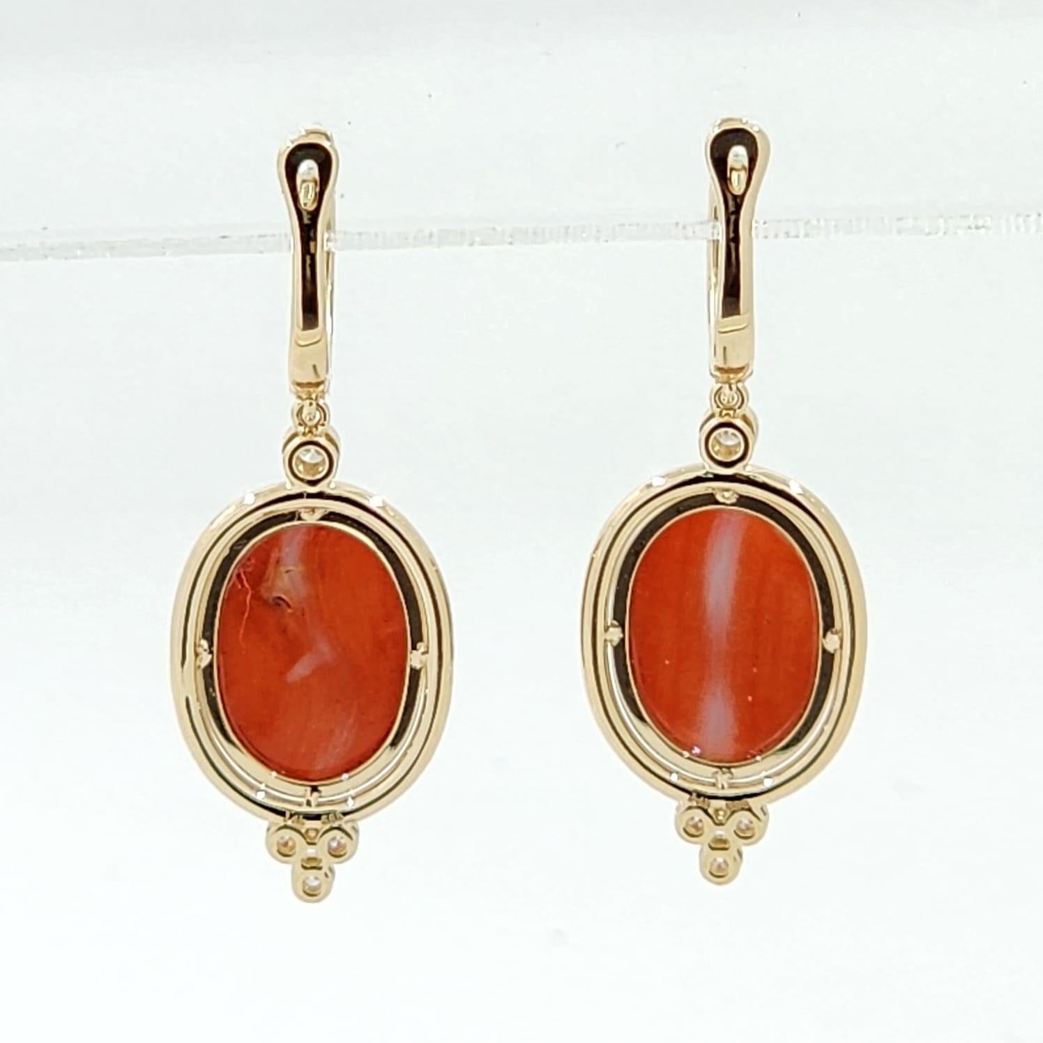 Radiant Cut Salmon Color Coral Drop Earring in 14K Yellow Gold For Sale