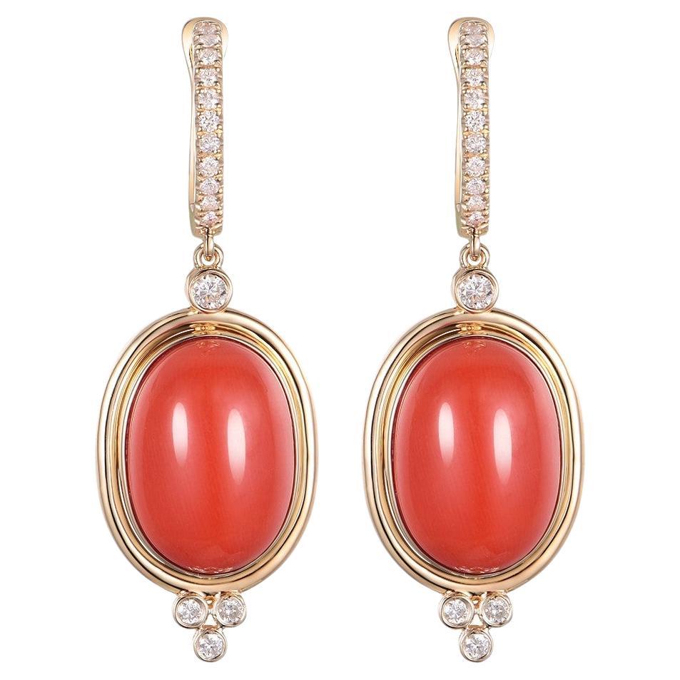 Salmon Color Coral Drop Earring in 14K Yellow Gold For Sale