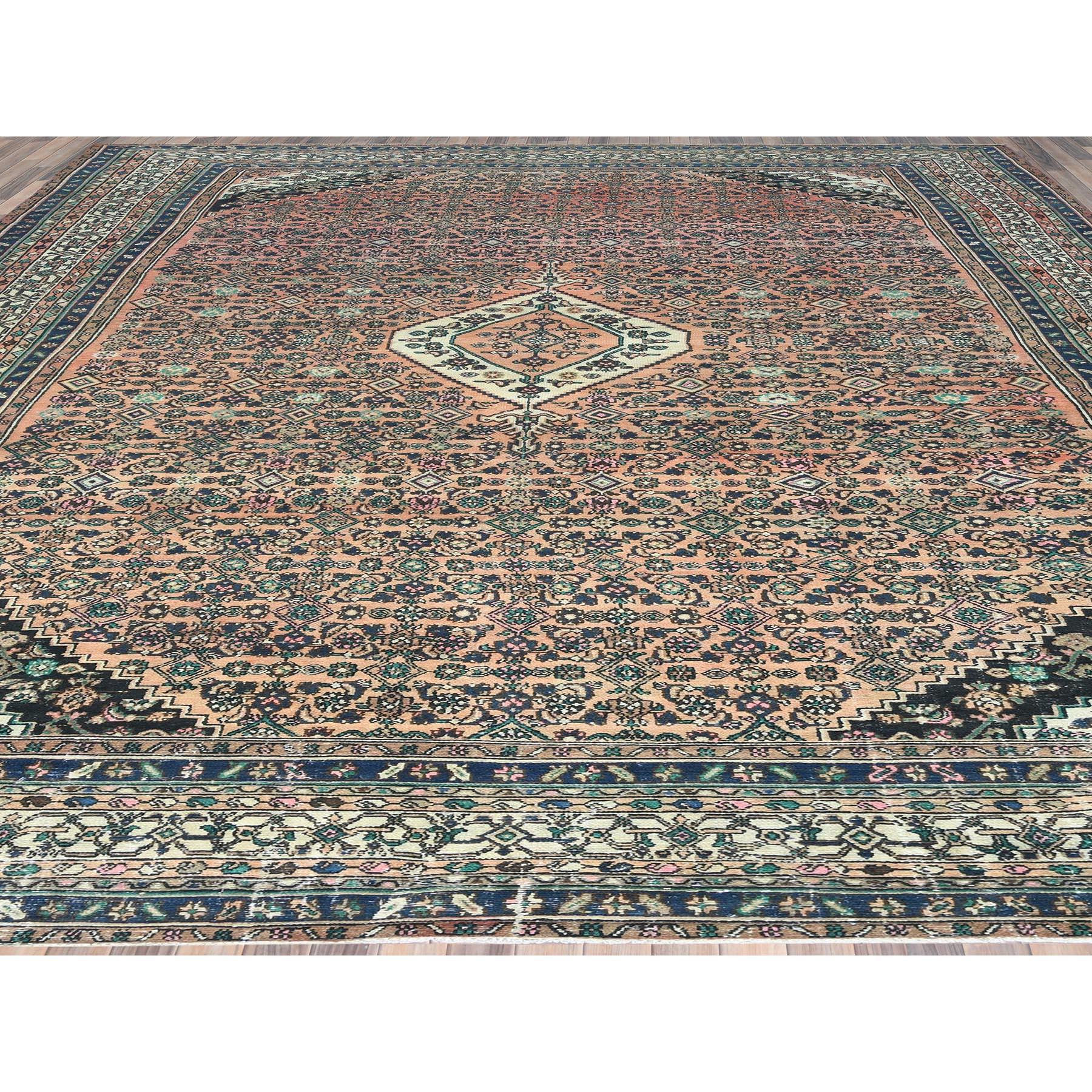 Medieval Salmon Color Old Persian Bibikabad All Over Design Hand Knotted Pure Wool Rug For Sale