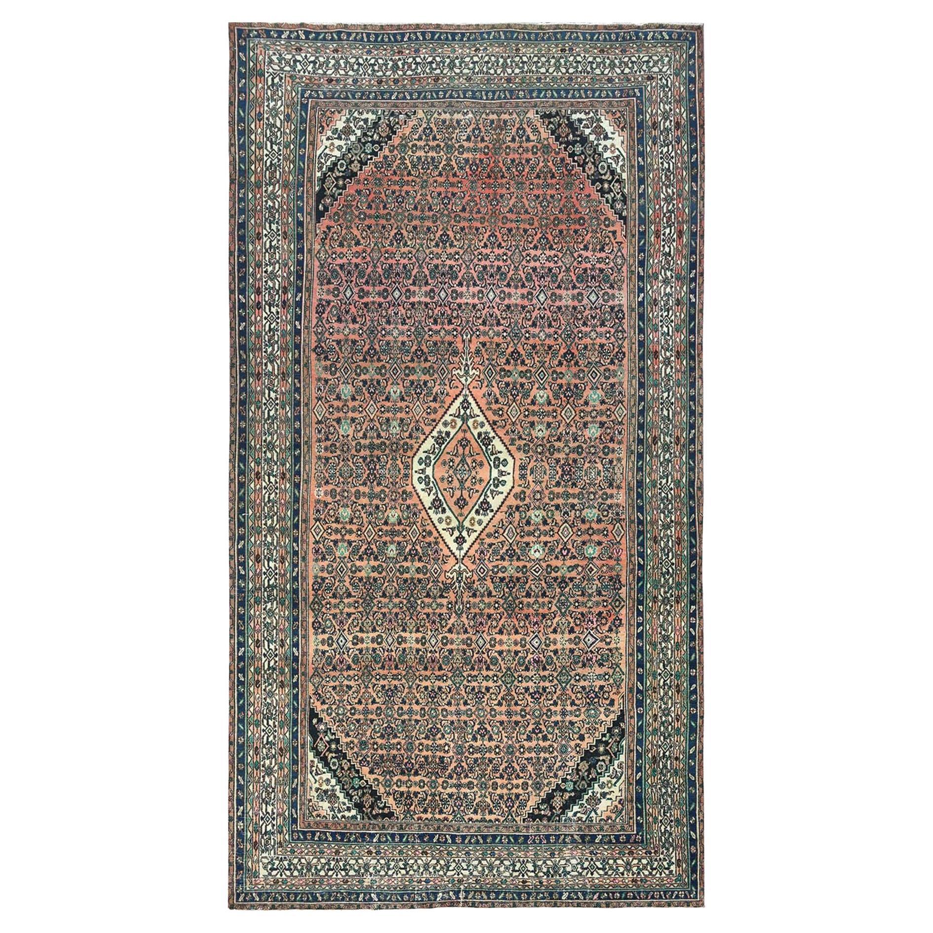 Salmon Color Old Persian Bibikabad All Over Design Hand Knotted Pure Wool Rug For Sale