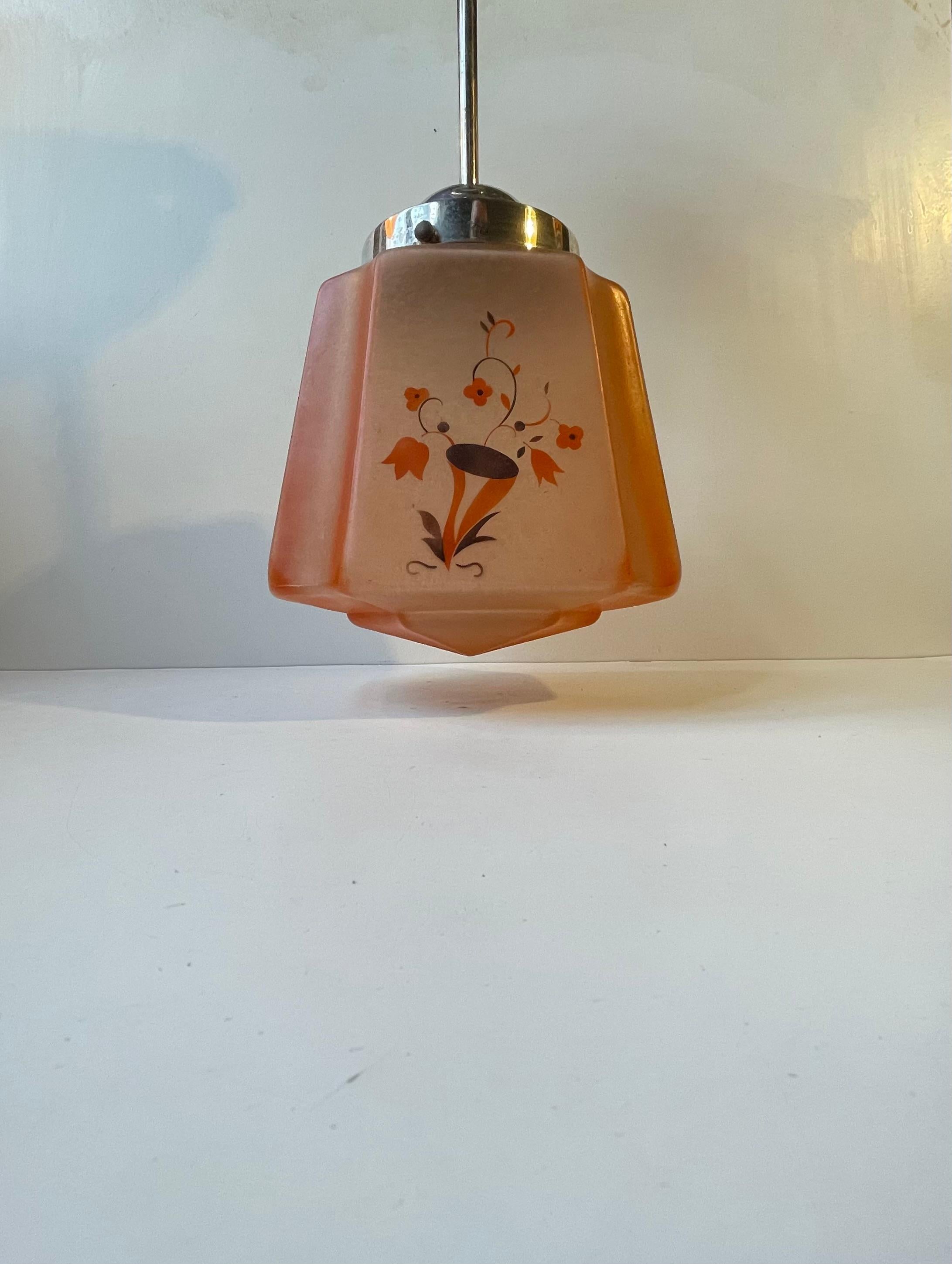 Scandinavian Salmon Colored Art Deco Pendant Lamp in Nickel & Glass, 1930s For Sale