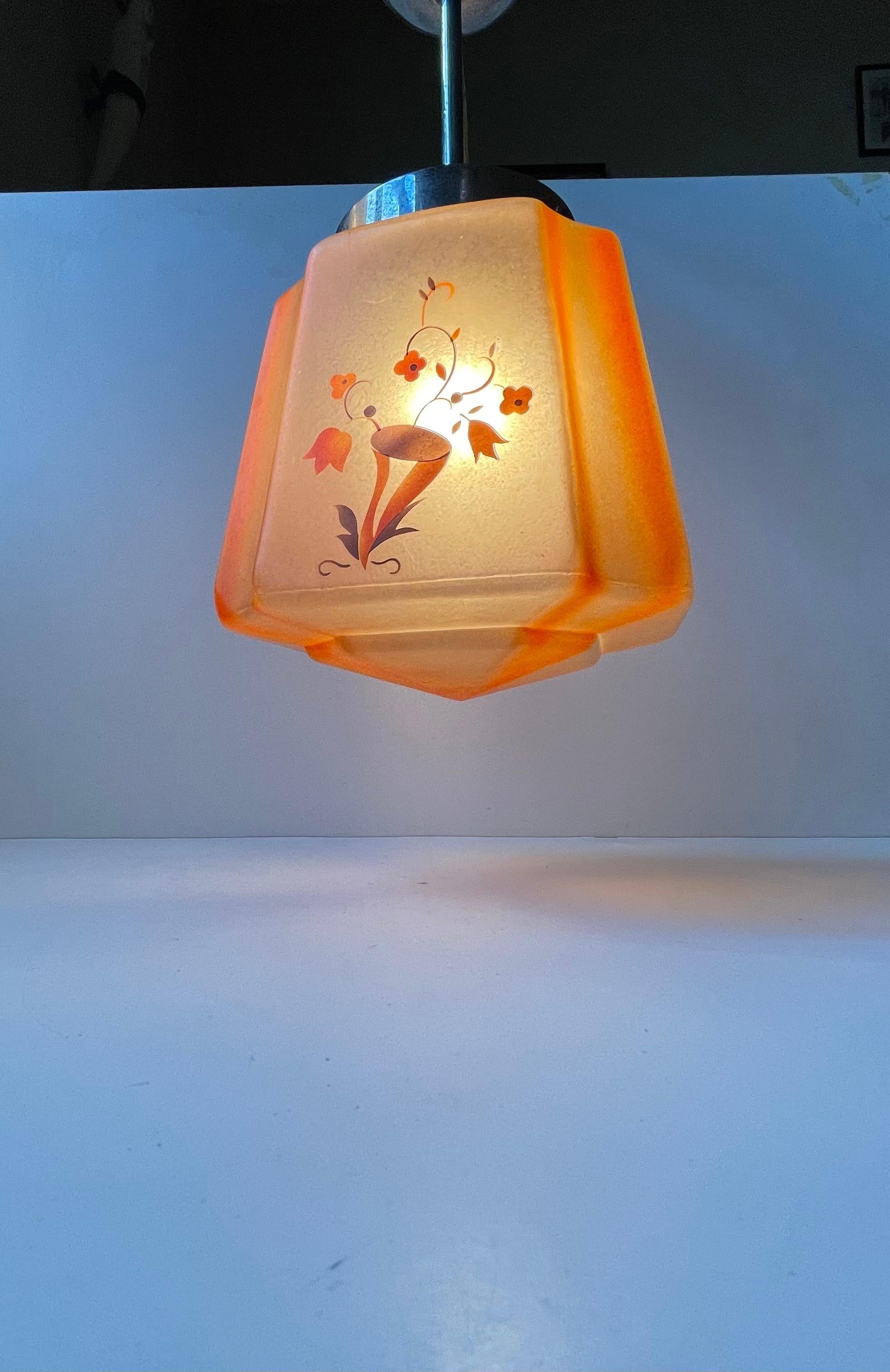 Hand-Painted Salmon Colored Art Deco Pendant Lamp in Nickel & Glass, 1930s For Sale