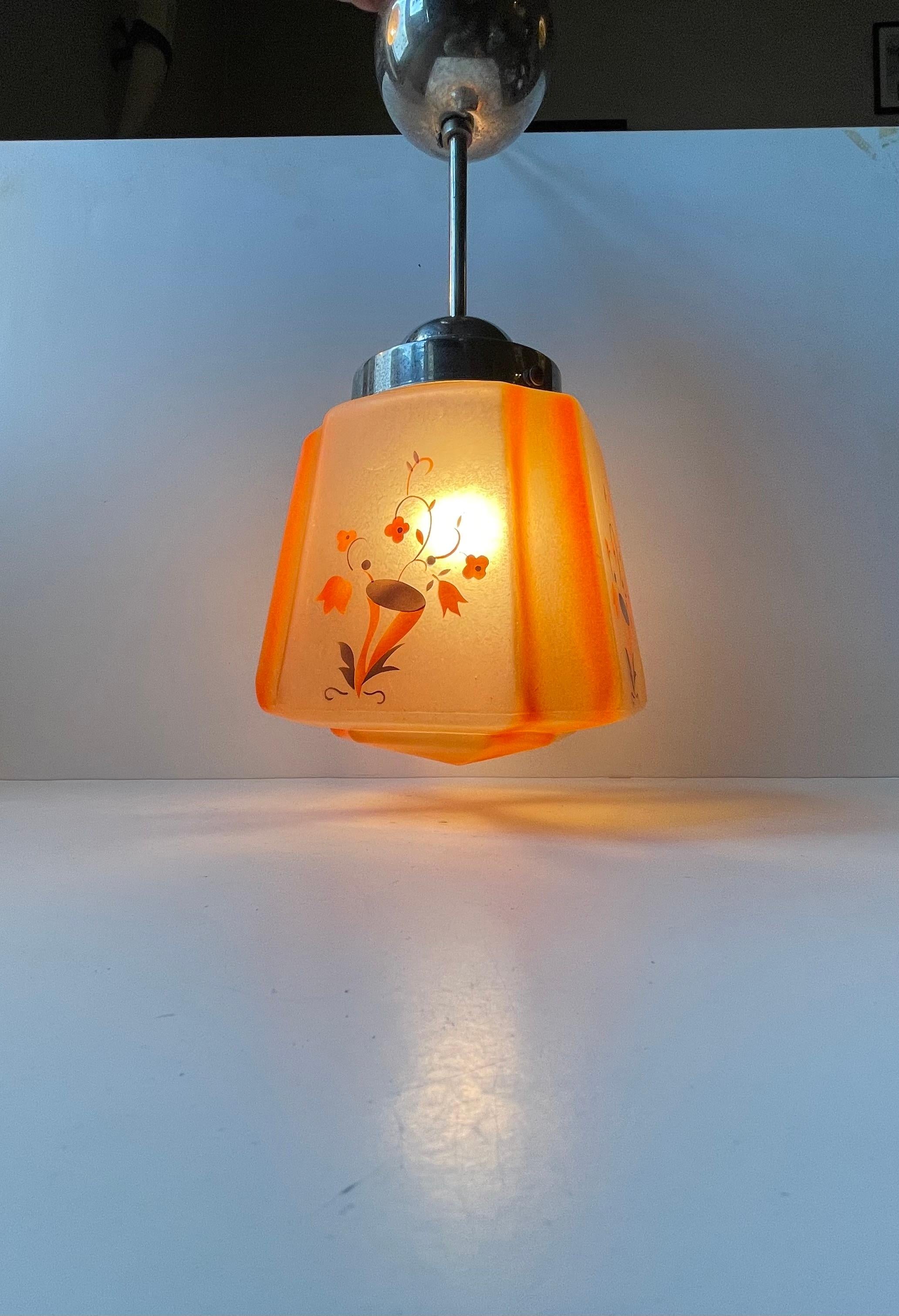 Blown Glass Salmon Colored Art Deco Pendant Lamp in Nickel & Glass, 1930s For Sale