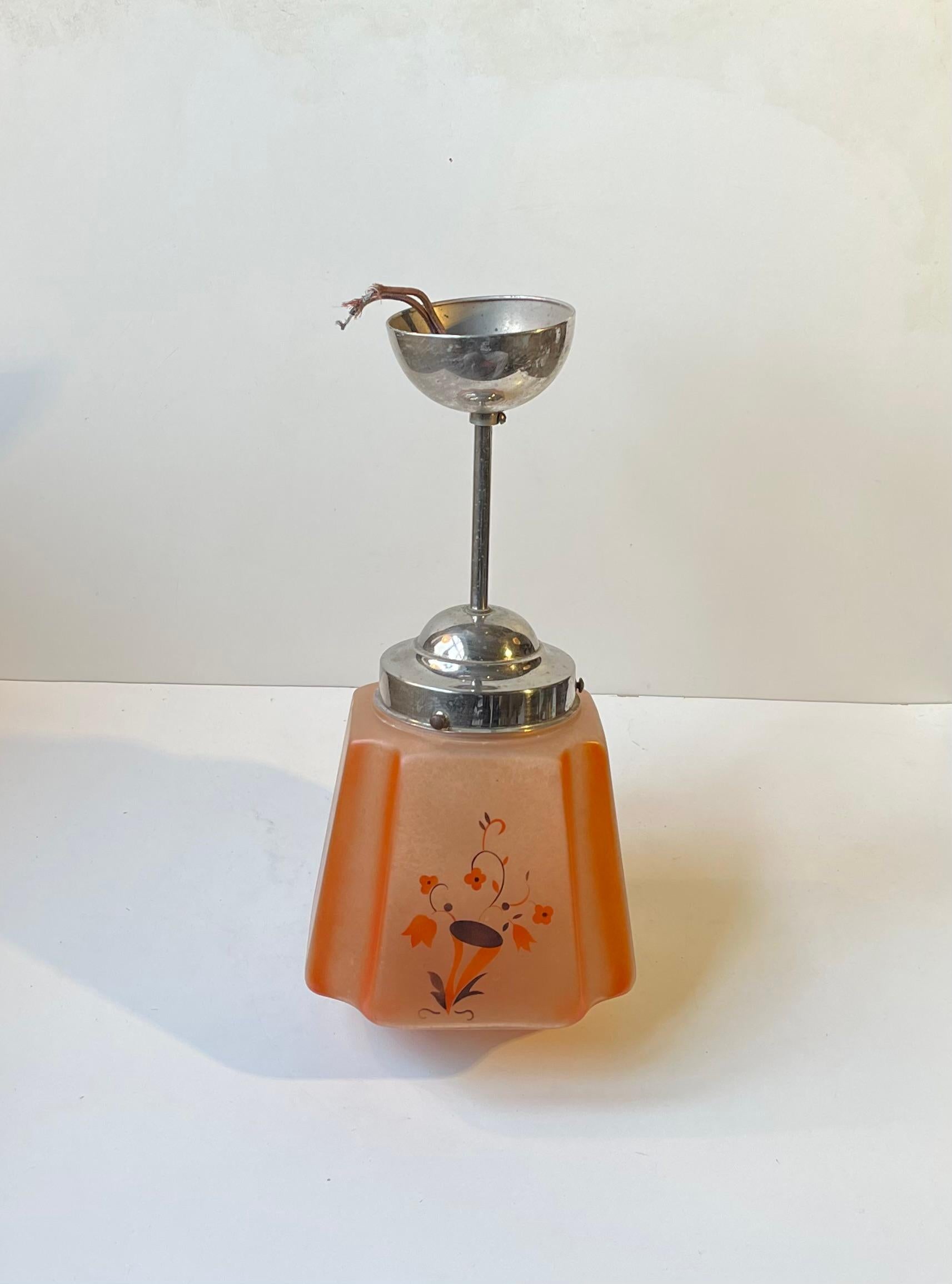 Salmon Colored Art Deco Pendant Lamp in Nickel & Glass, 1930s For Sale 1