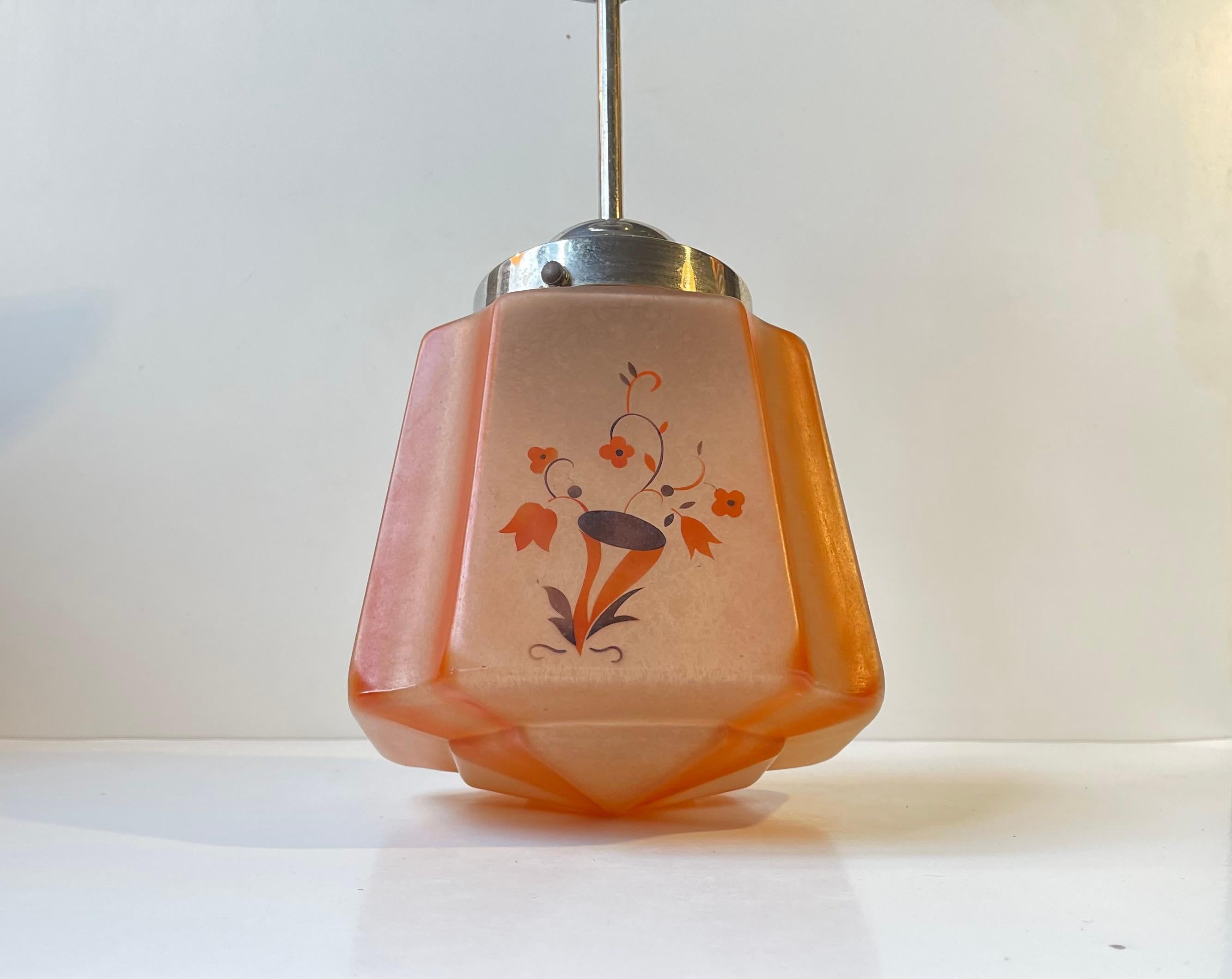 Salmon Colored Art Deco Pendant Lamp in Nickel & Glass, 1930s For Sale 2