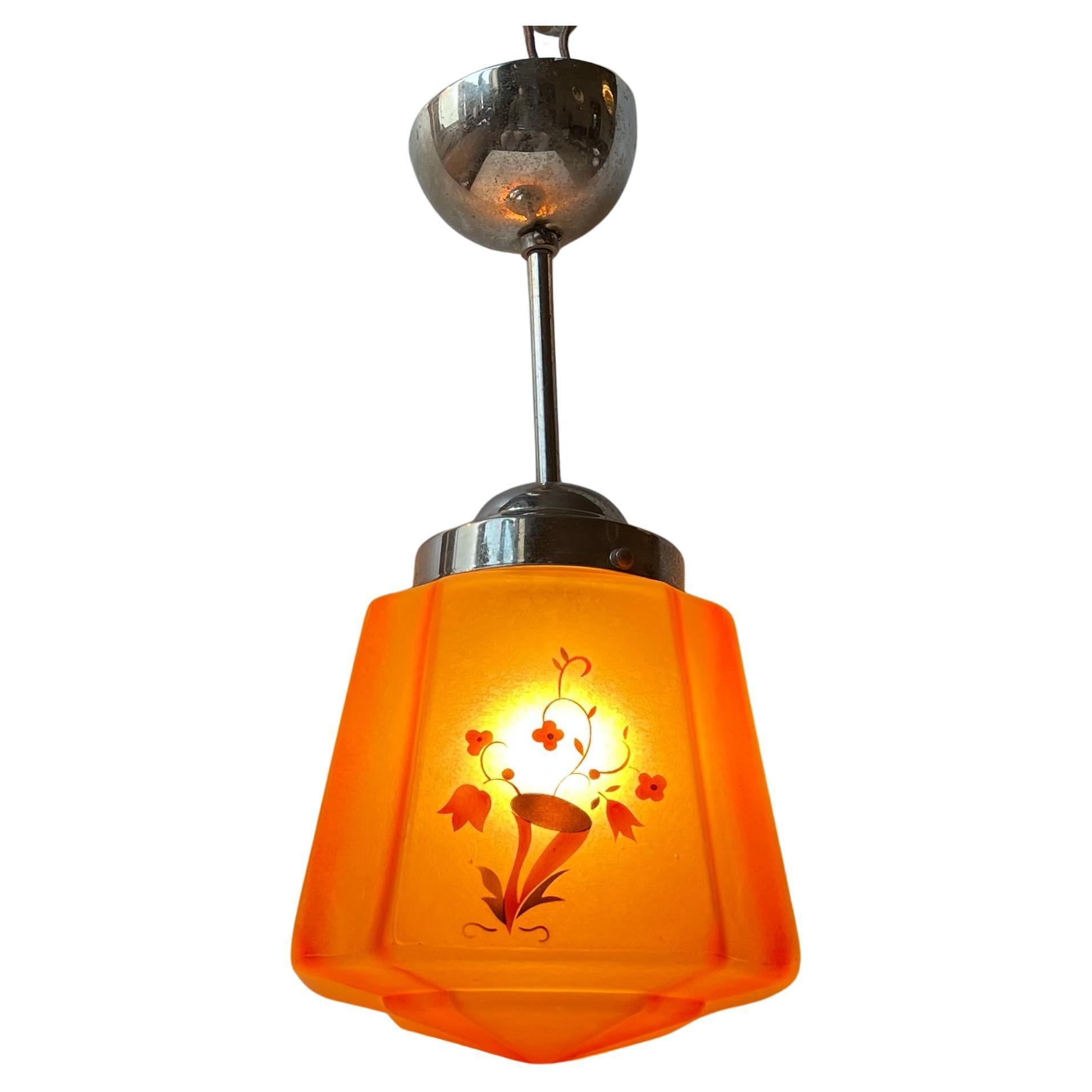 Salmon Colored Art Deco Pendant Lamp in Nickel & Glass, 1930s For Sale