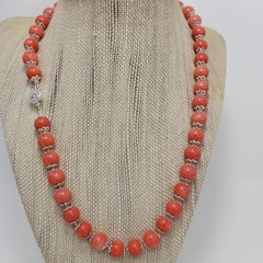 Salmon Coral Bead Knotted String Silver Accent Necklace, 50 cm, Sterling Silver