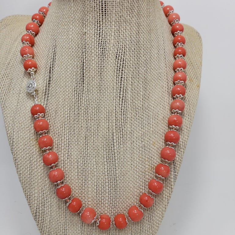 Salmon Coral Bead Knotted String Silver Accent Necklace, 50 cm