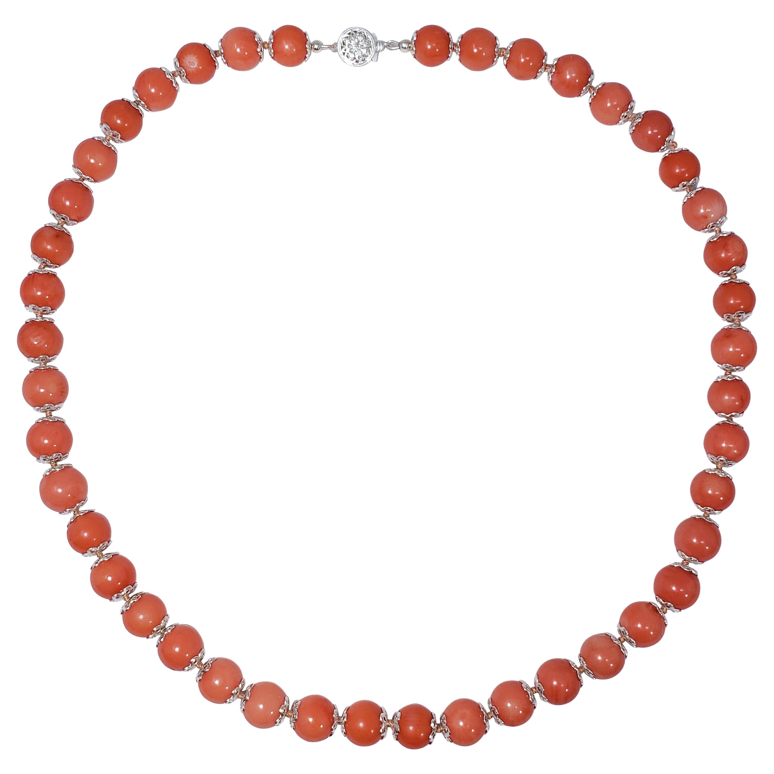 Salmon Coral Bead Knotted String Silver Accent Necklace, 50 cm, Sterling Silver For Sale