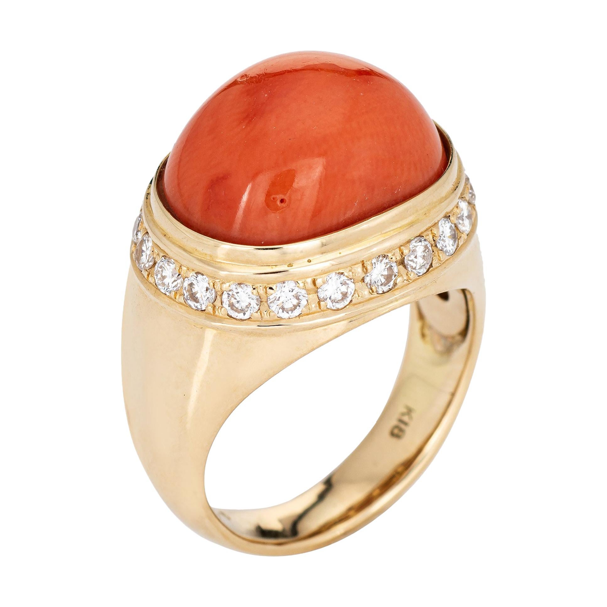 Salmon Coral Diamond Ring Estate 18k Yellow Gold East West Mount Jewelry