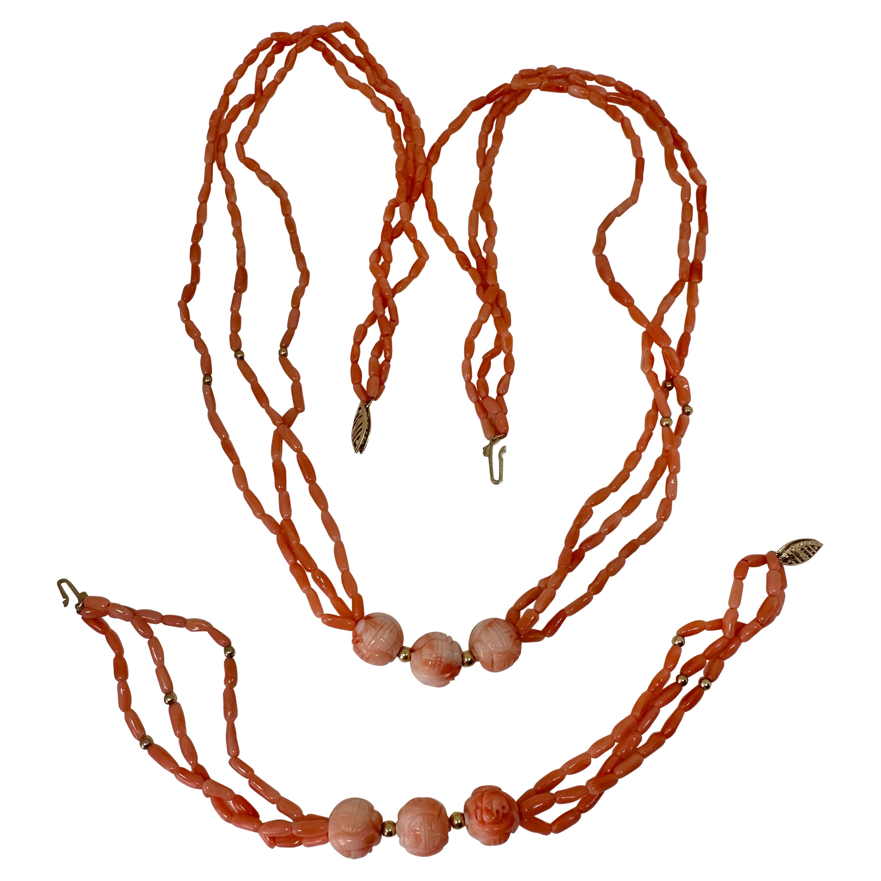 Salmon Coral Necklace and Bracelet 14 Karat Gold Three Strand Hand Carved Beads
