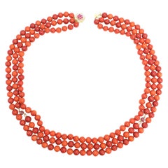 Salmon Coral Triple Strand Bead Necklace, 14 Karat Gold Ruby Diamond Clasp