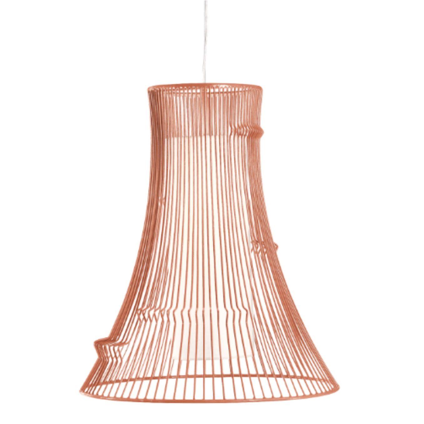 Salmon Extrude Suspension lamp by Dooq
Dimensions: W 60 x D 60 x H 70 cm
Materials: lacquered metal
Abat-jour: cotton
Also available in different colors and materials. 

Information:
230V/50Hz
E27/1x20W LED
120V/60Hz
E26/1x15W LED
bulb not