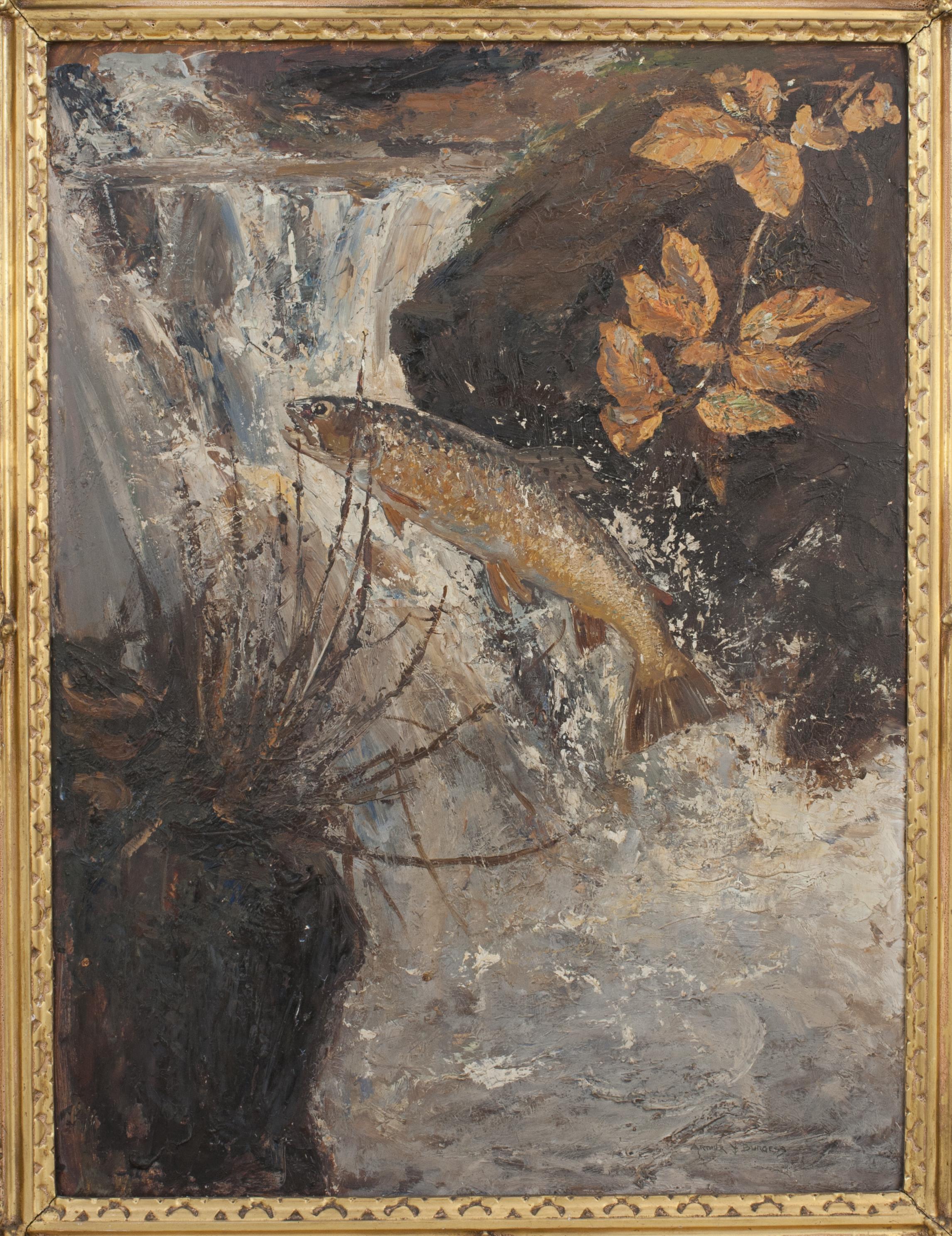 Salmon Fishing, Oil Painting, Autumn Run by Arthur Burgess In Good Condition For Sale In Oxfordshire, GB