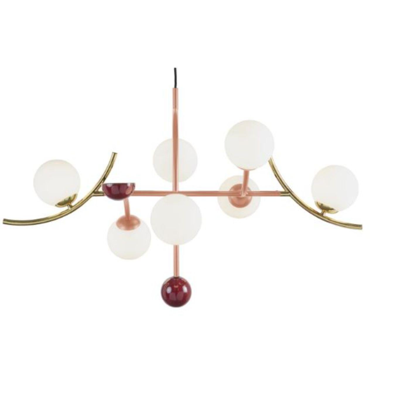 Salmon Helio Suspension lamp by Dooq
Dimensions: W 130 x D 70 x H 80 cm
Materials: lacquered metal, brass/nickel.
Also available in different colors. 

Information:
230V/50Hz
7 x max. G9
4W LED

120V/60Hz
7 x max. G9
4W LED

Cable: