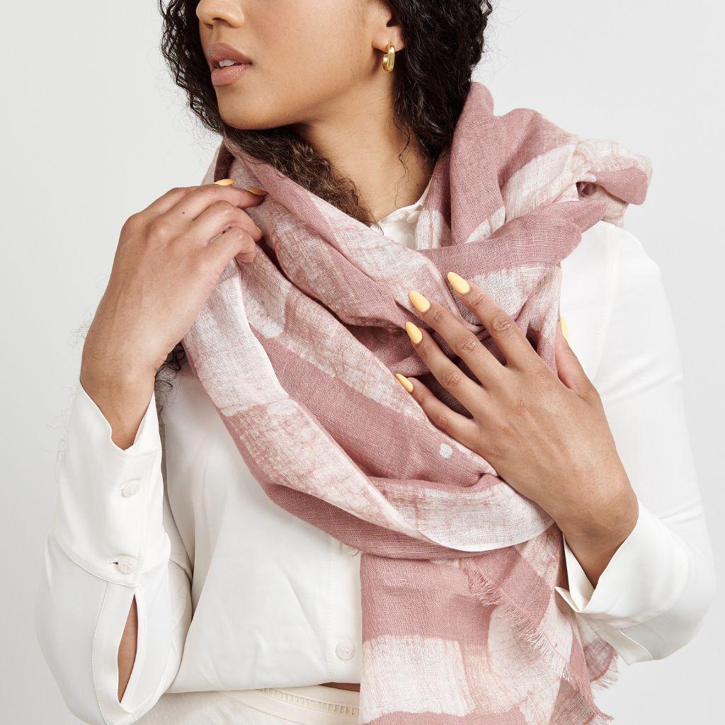 Women's Salmon Linen Scarf in Salmon Pink , Block Printed Pattern , Handmade By Artisans For Sale