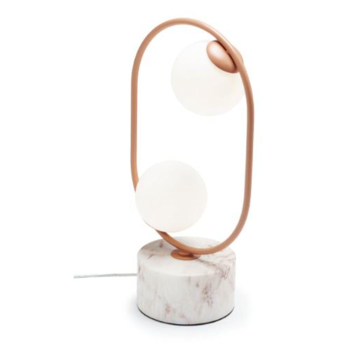 Salmon loop table I lamp with marble base by Dooq
Dimensions: W 30 x D 15 x H 50 cm
Materials: lacquered metal, polished or brushed metal, marble.
Also available in different colours and materials.

Information:
230V/50Hz
2 x max. G9
4W