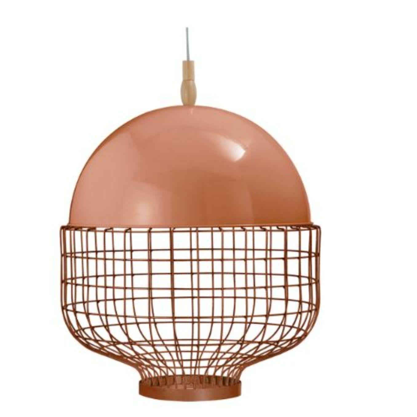 Salmon magnolia suspension lamp with copper ring by Dooq.
Dimensions: W 65 x D 65 x H 68 cm.
Materials: lacquered metal, polished or brushed metal, copper.
Also available in different colours and materials.

Information:
230V/50Hz
E27/1x20W